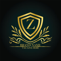 Z luxury letter logo template in gold color. Elegant gold shield icon. Premium brand identity emblem. Royal coat of arms company label symbol. Modern vector Royal premium logo template vector