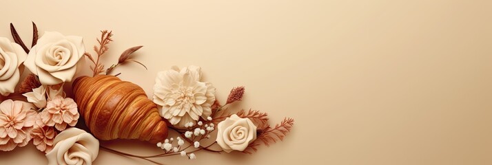Croissant decorated with flowers, fresh and delicious. On a beige background with space for text.