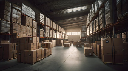 Warehouse with neatly stacked parcels and packages, ready for shipment and delivery. Organized storage facility.