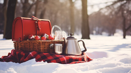 Winter picnic scene in snow with thermos on a blanket and picnic basket 