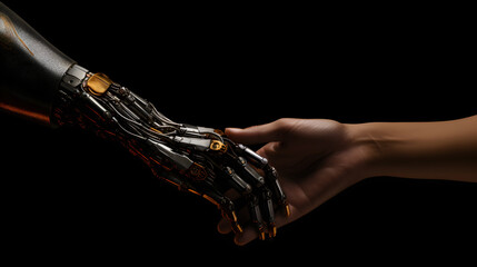 Handshake between human and cyborg. A robotic hand with exposed cables, showcasing the intersection of mechanics and innovation. The mechanics of future.