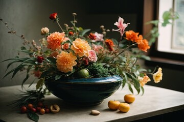 Obraz na płótnie Canvas Beautifully arranged colorful bouquet in Japanese style - ikebana concept. Generative Ai.