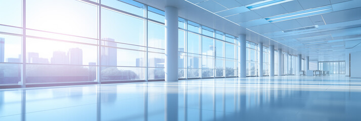 A hall of an office or medical institution with panoramic windows and a perspective. Light blurred background without people. AI generated banner image. 