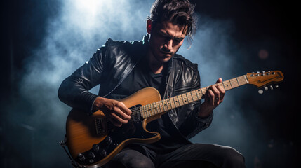 Fototapeta na wymiar Male musician playing guitar at a rock concert