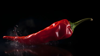 Close-up view of a fiery red chili pepper with boiling water drops on black background. A striking symbol of spiciness.