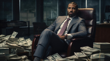 Successful businessman sits at his desk surrounded by a pile of banknotes.