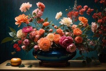 Beautifully arranged colorful bouquet in Japanese style - ikebana concept. Generative Ai.