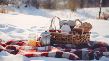 Winter picnic scene in snow with thermos on a blanket and picnic basket 