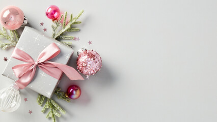 Gift box with pink ribbon bow decorated fir branches and pink Xmas ball ornaments on grey...