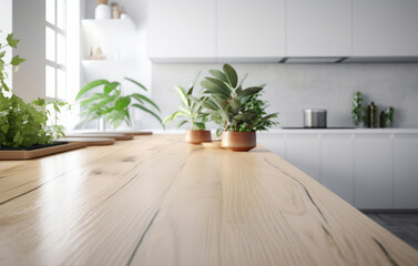 wooden table top and blur bokeh modern kitchen interior with window and plants