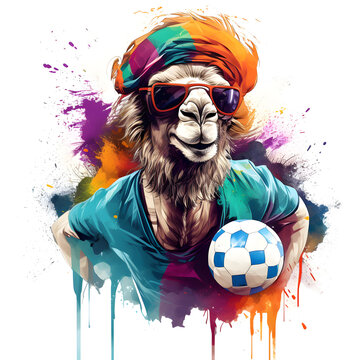 water color camel with paint splash colorful painting technique with football and camel in glasses generative ai
