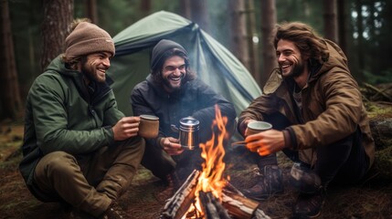 Group of male hikers around fire enjoying conversation by tent in autumn forest. Three young men with beards congregate around campfire sharing stories to make night memorable. - Powered by Adobe