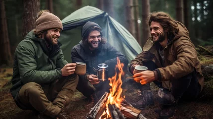 Fototapete Rund Group of male hikers around fire enjoying conversation by tent in autumn forest. Three young men with beards congregate around campfire sharing stories to make night memorable. © Stavros