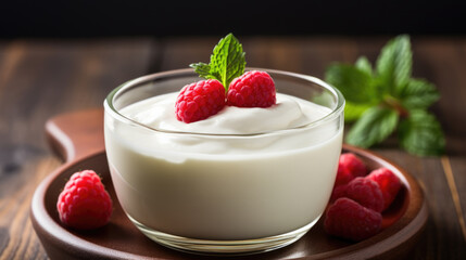 Homemade yogurt with berries on a wooden background
