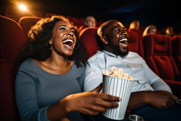 African American couple watching movie with yummy popcorn sharing cheerful smiles on faces. Boyfriend and girlfriend smile enjoying movie together. Couple having fun in cinema.