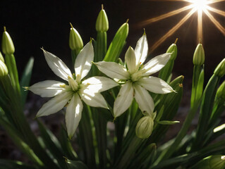 A Bunch Of White Flowers With The Sun Shining In The Background