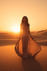Fototapeta na wymiar Sunset Over Sand Dunes with Woman Silhouette