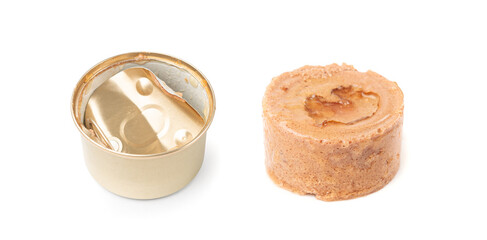 Pet Food in Metal Packaging Isolated, Wet Food for Cats, Dog Canned Pate, Open Pet Food on White