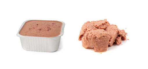 Pet Food in Metal Packaging Isolated, Wet Food for Cats, Dog Canned Pate, Open Pet Food on White