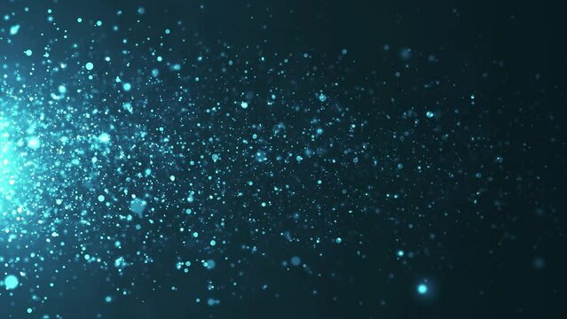 Dynamic wave of glowing particles. Digital technology background. Sparkling bright particles fly in space. Flickering particles with bokeh effect. 3d rendering. 4k animation.