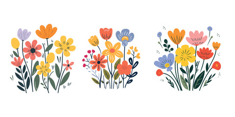 Set of hand drawn vector illustrations with colorful flowers. Isolated objects on white background.