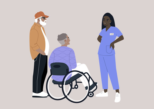 A senior couple at the doctor's office, with the husband serving as a chaperone for his wife, who is in a wheelchair