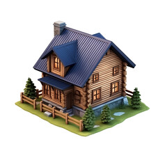 Beautiful wooden house on transparent background PNG, isometric view.