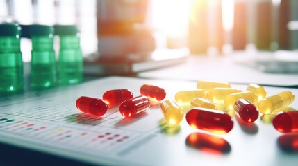 A bunch of pills on a table. Red and yellow capsules with vitamins, supplements, or medications. - obrazy, fototapety, plakaty