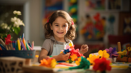 Fototapeta premium Young preschooler makes a paper and paint craft for classroom lessons