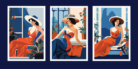 Set of posters with women in retro dresses and hats. Vector illustration