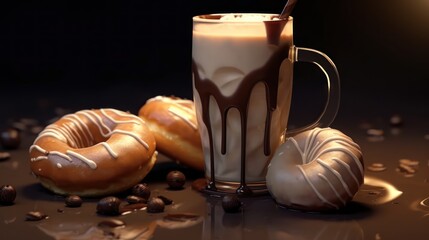 Hot chocolate with donuts and coffee beans on a black background. Caffeine Concept With Copy Space