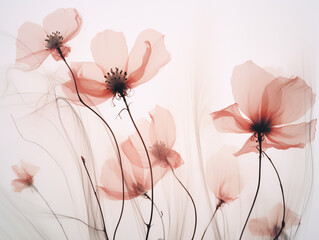 X-ray of beautiful pink flowers, white background
