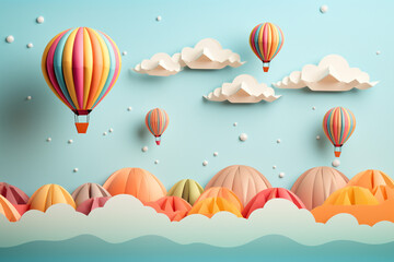 Colorful hot air balloons flying in the sky made with paper art style