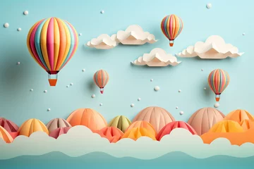 Photo sur Plexiglas Montgolfière Colorful hot air balloons flying in the sky made with paper art style