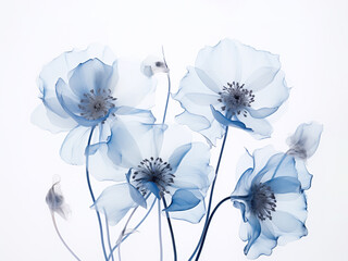 X-ray of beautiful blue flowers, white background