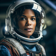 Portrait of an African American female astronaut looking at camera
