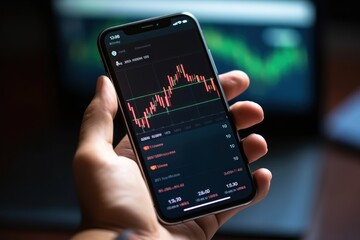 Crypto trader holding smartphone displaying fluctuating digital currency market. Investor...