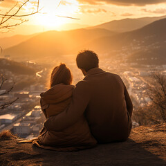 Couple of lovers hugging with their backs to each other sitting on top of the mountain