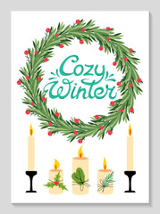 Christmas door wreath designs. Fir branch circles with Xmas ornaments, winter holiday decoration.