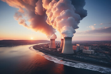 Nuclear power plant, aerial view. Steam rising from large industrial plant pipes. Impact of heavy industry on environmental