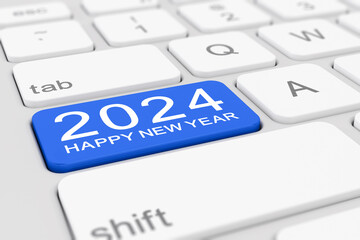 3d render of a white keyboard with a blue key and the inscription 2024 - represents the new year 2024 - vacation concept.