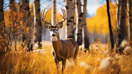 Fototapeten A deer stands in the forest between yellow plants in autumn © jr-art