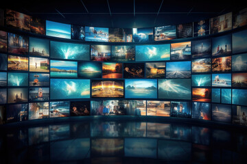 Lots of TV screens in a dark room. Television addiction. Manipulation of people with the help of mass media. Entertainment and streaming content consumption