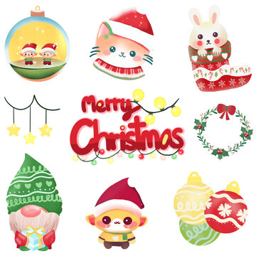 Christmas stickers set cute element with merry text