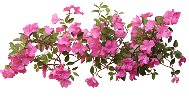 Pink bougainvillea flowers horizontal border with leaves and plants isolated on transparent background. Generative AI