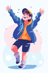 Hipster Teenager Boy in Trendy Clothes Standing with Arms Raised, Smiling and Having Fun Vector Illustration