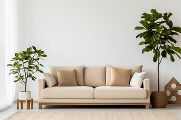 A modern living room mockup with an empty wall and a comfortable beige sofa with pillows. A bright room with a window. Green indoor plants create comfort. 3d rendering. Copy space.