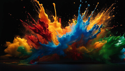 vibrant and dynamic explosion of colorful paint, resembling a watercolor splash, with a mesmerizing blend of red, orange, yellow, green, and blue, creating an energetic and visually captivating displa