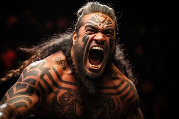 A close up of a man with tattoos on his chest. Maori haka is a traditional war dance.