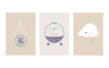 A collection of charming Scandinavian style boho baby cards featuring adorable doodle children clipart.Cute cartoon bohemian nursery posters.For shower invitations, posters, and more.